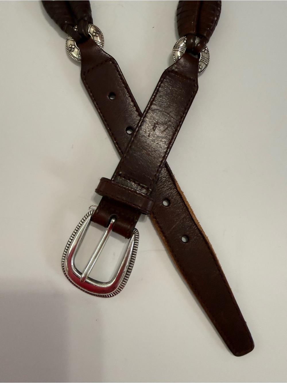 Classic Brown Leather Belt with Decorative Silver Buckle